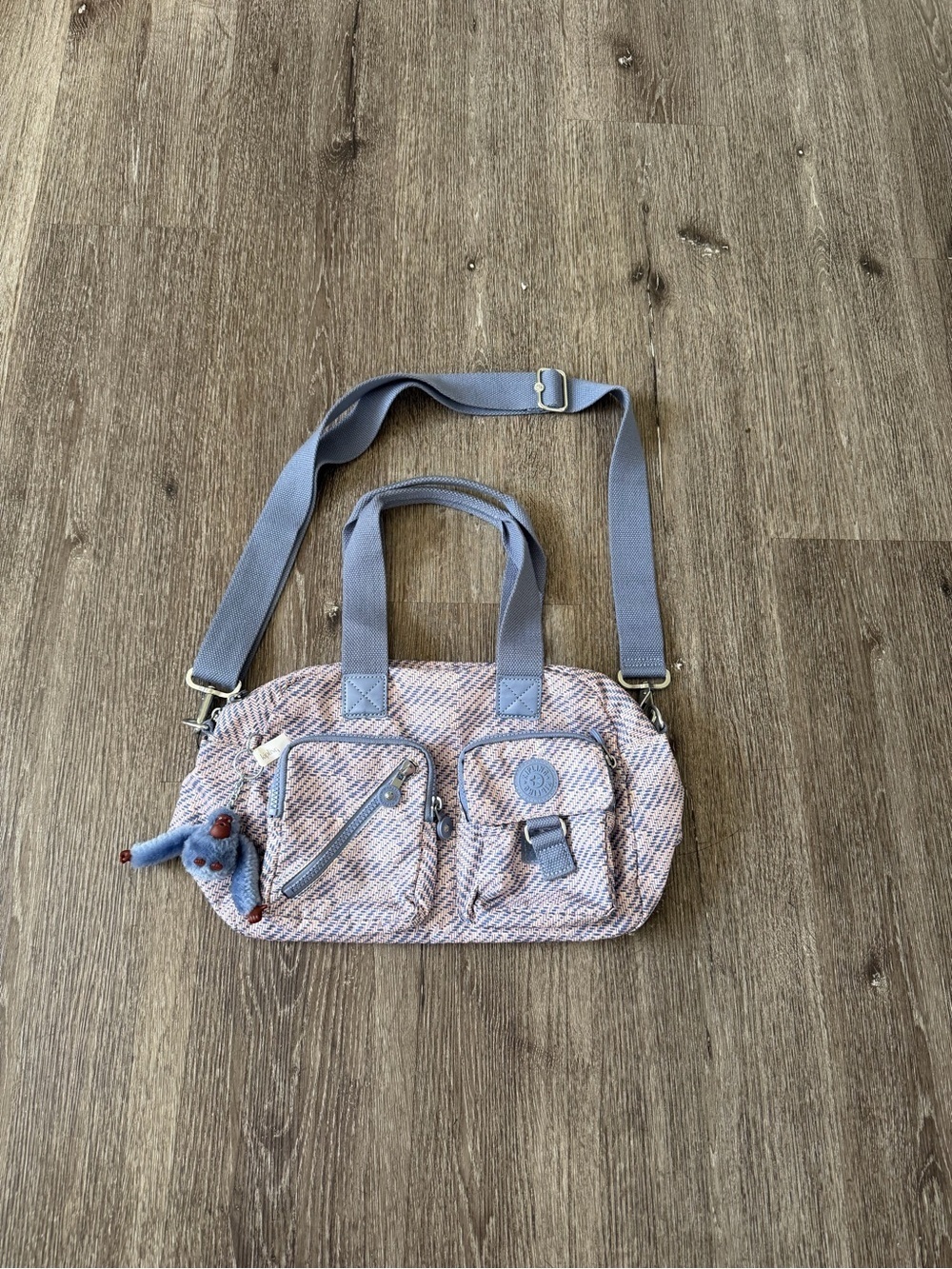 Kipling Quilted Lavender-Blue Crossbody Tote with Monkey Charm
